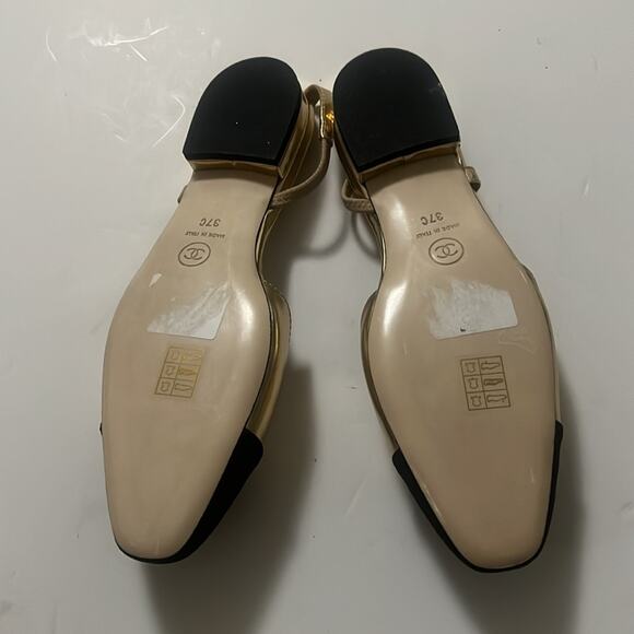 CHANEL LAMINATED LAMBSKIN GROSGRAIN‎ CAP TOE CC SLINGBACK FLATS SZ 37 - Picture 3 of 10